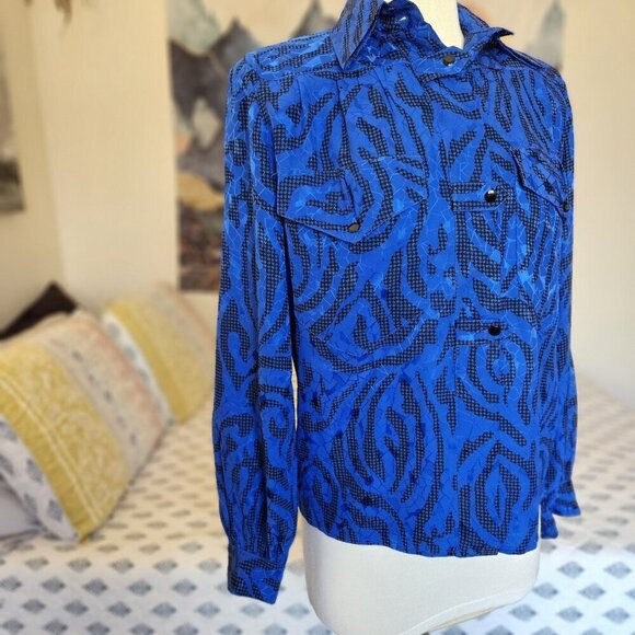 Francesca of Damon for Starington Silk Blouse – Blue/Black Abstract, Sz 6 - Picture 11 of 12